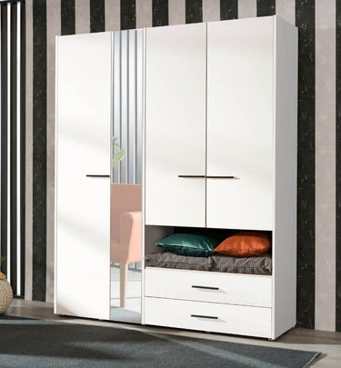 Limone White Four-Door Wardrobe: Elegant Storage Solution with Integrated Mirror - UK Luxury Furniture